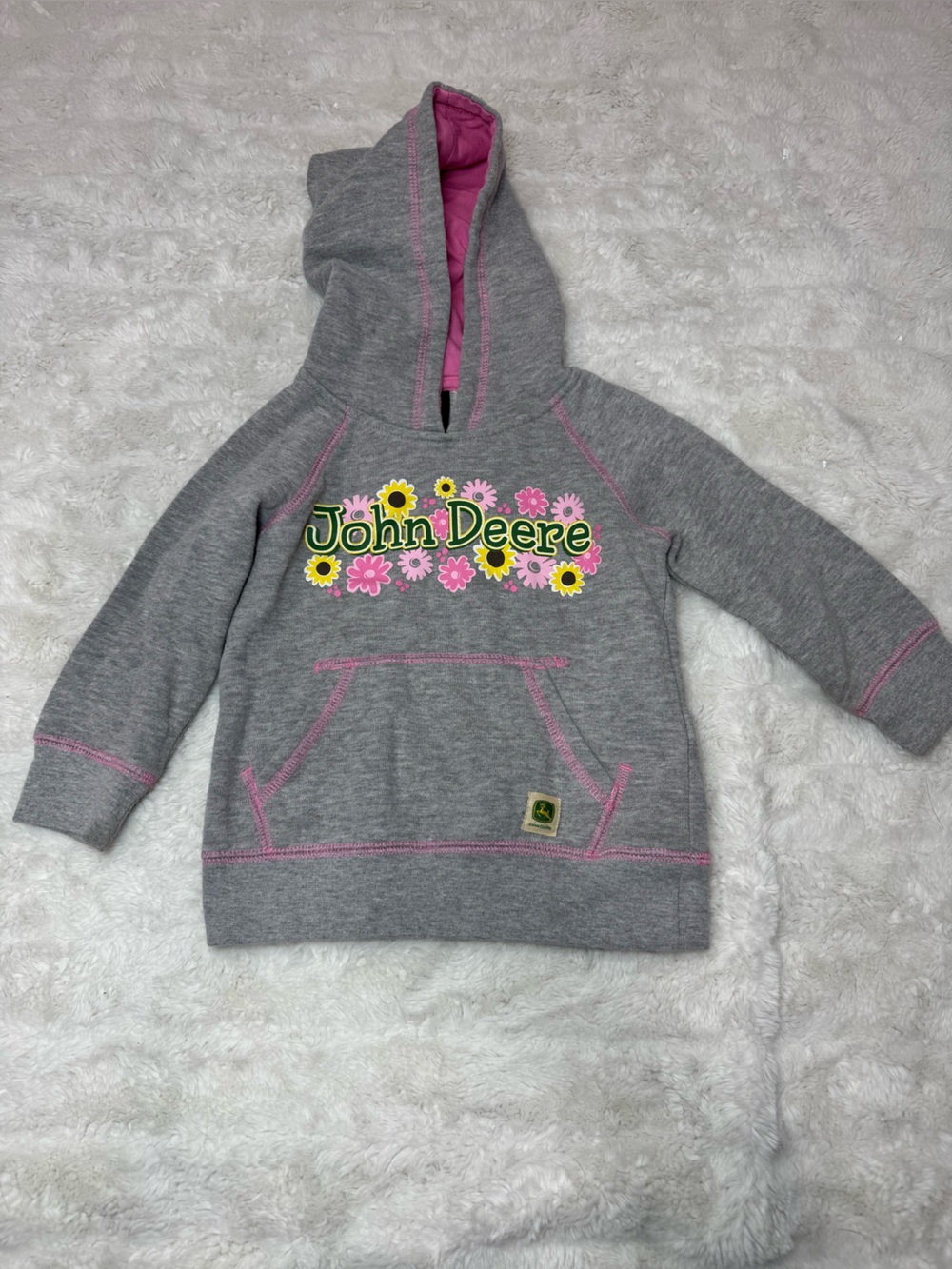 John Deere Gray Hoodie with Pink Accents and Floral Logo